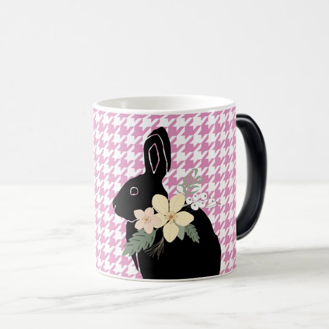 Caneca Mágica Bunny Rabbit Silhouette Spring Flowers Houndstooth (Frente Esquerda)
