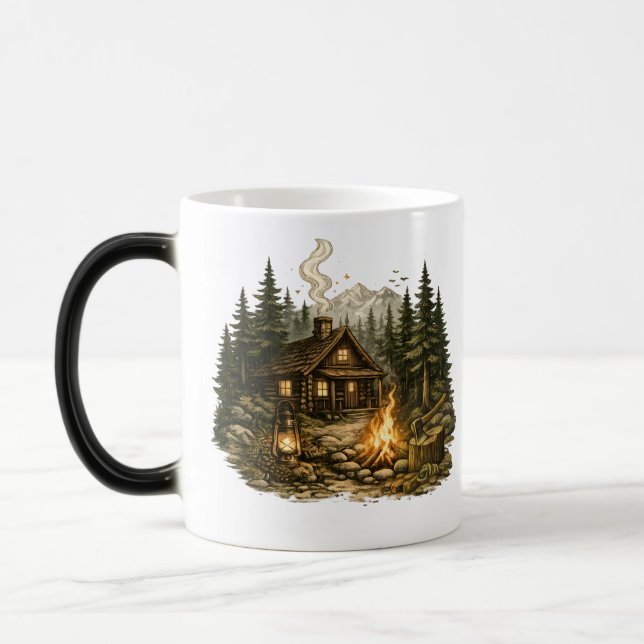 Caneca Mágica Cabana Rústica de Floresta com Fogueira (Esquerda)