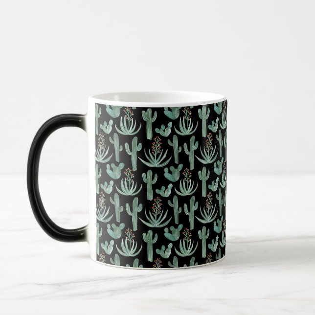 Caneca Mágica Cactus Caquoso e Padrão do Deserto Suculente Preto (Esquerda)