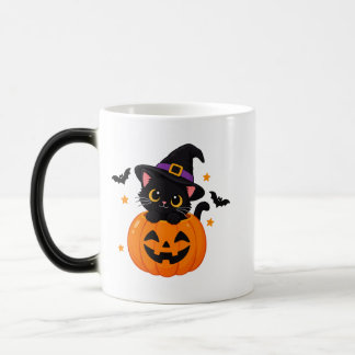 Caneca Mágica Café com Gato Preto Fofo de Halloween com Abóbora