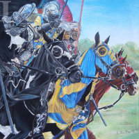 cavaleiros medievais históricos a jorrar em cavalo