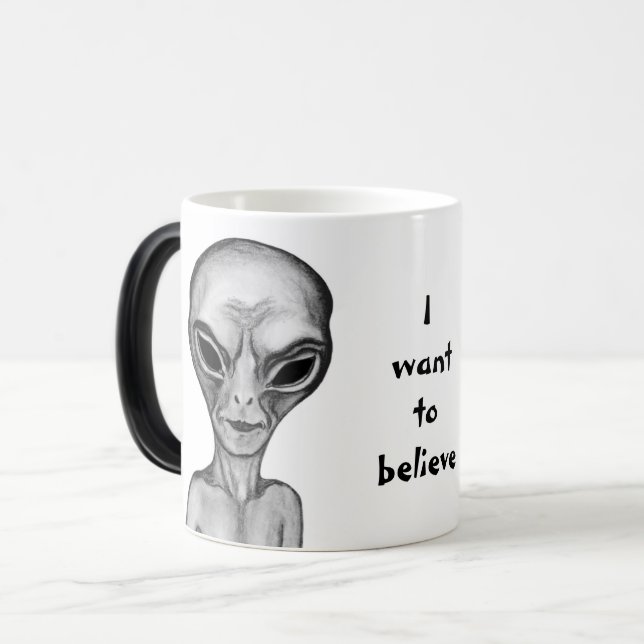 Caneca Mágica Cinza Alienígena, quero acreditar (Frente Esquerda)