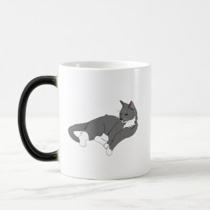 Caneca Mágica Cinza e Gato de Tuxedo Branco