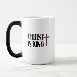 Caneca Mágica Cristo é Rei   Texto Preto e Cruz de Madeira Marro