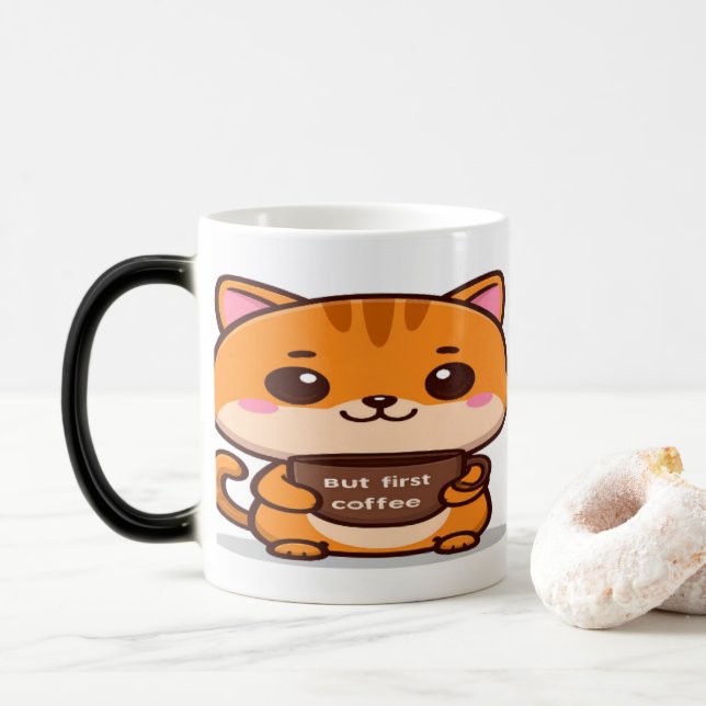 Caneca Mágica Cute Orange Tabby But First Coffee (Com Donut)