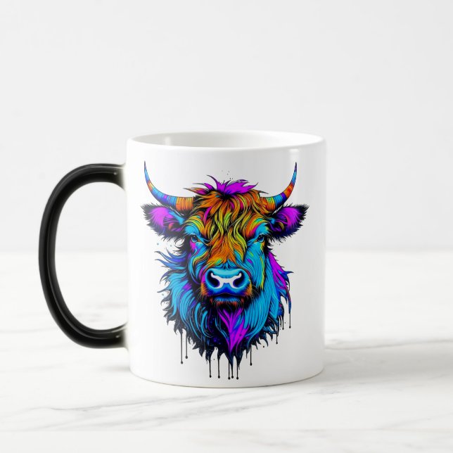 Caneca Mágica Cyberpunk Colorful Ai Highland Cow (Esquerda)