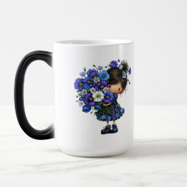 Caneca Mágica Desenho Artístico de Buquê de Menina Floral Azul F