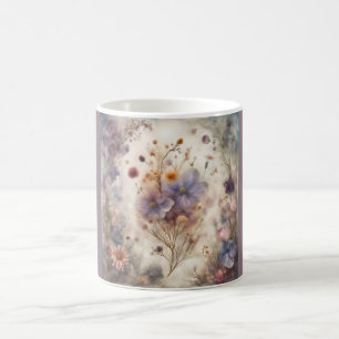 Caneca Mágica Desenho floral caprichoso lilás roxo azul branco