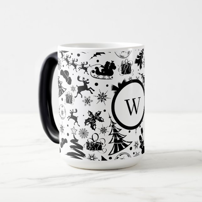 Caneca Mágica Elegant black and white merry Christmas Monogram (Frente Esquerda)