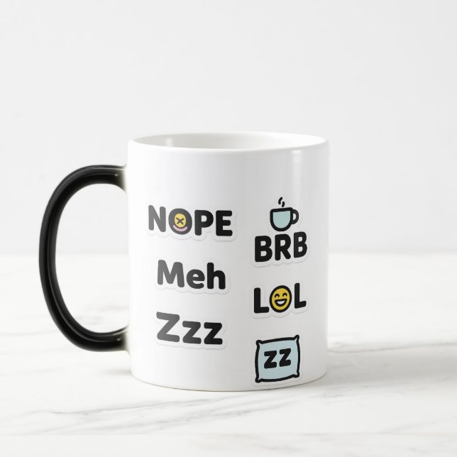 Caneca Mágica Engraçado Slang Mug - Não, Meh, BRB, LOL, Zzz (Esquerda)