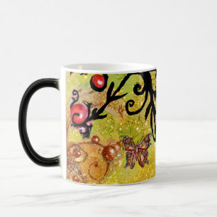 CANECA MÁGICA ESPUMANTES AMARELOS, MONOGRAMA FLORAL NEGRA,