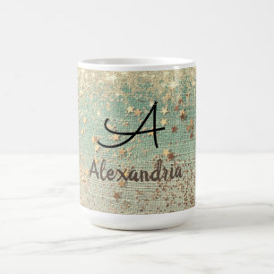 Caneca Mágica Estrelas Douradas de brilho monograma em verde mar