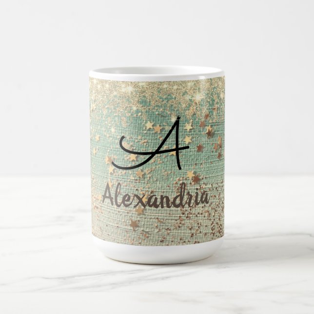 Caneca Mágica Estrelas Douradas de brilho monograma em verde mar (Center)