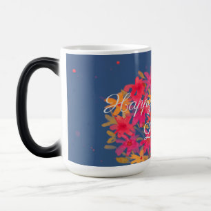 Caneca Mágica Feliz Aniversário, Flores De Aquarela De Azul