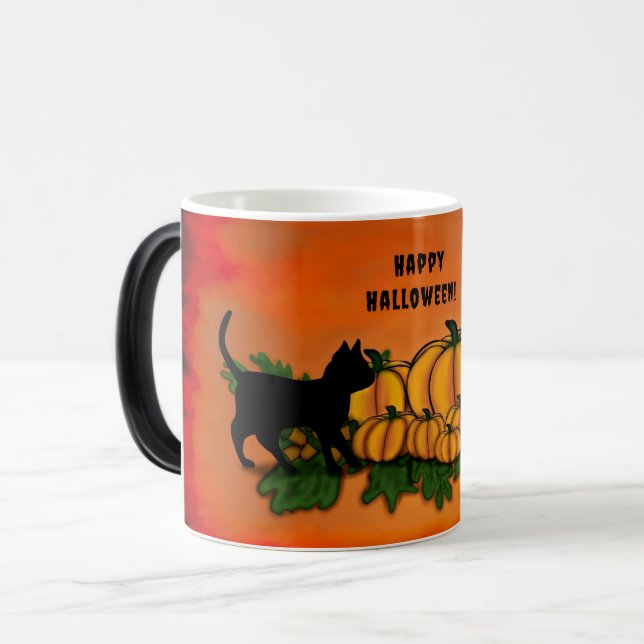 Caneca Mágica Feliz Dia das Bruxas, Gato Negro, Bat e Abóbora (Frente Esquerda)