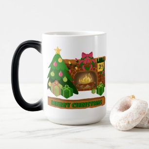 Caneca Mágica Feliz Natal perto da árvore de Natal de lareira bo