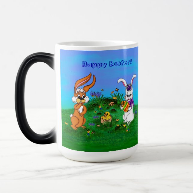 Caneca Mágica Felz pascoa! Coelho com coelho e Pintinho (Esquerda)
