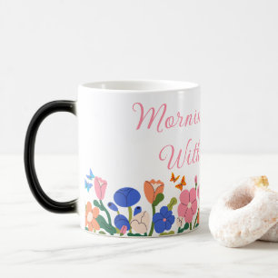 Caneca Mágica Flores cor-de-rosa e azuis Magia da manhã com café