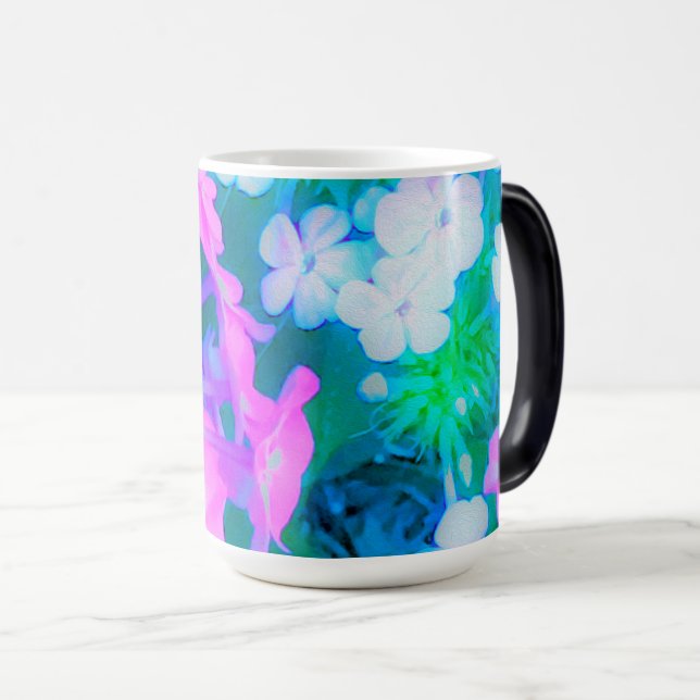 Caneca Mágica Flores de Phlox do Jardim Cor-de-Rosa, Verde, Azul (Frente Esquerda)