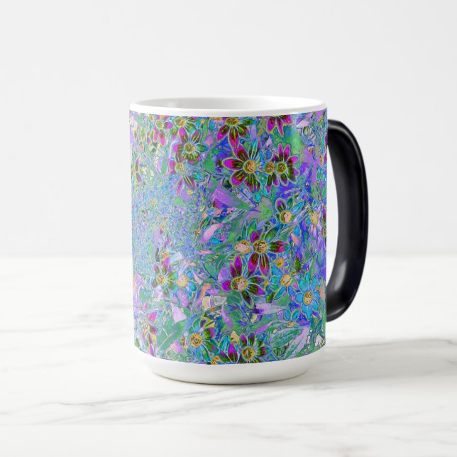 Caneca Mágica Flores Roxas, Verdes e Azuis a Rosa (Frente Esquerda)