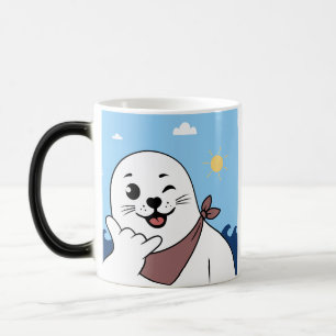 Caneca Mágica Foca Piscando de Lenço na Cabeça Fazendo Sinal de 
