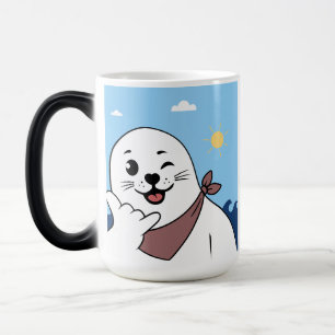 Caneca Mágica Foca Piscando o Olho com Bandana Fazendo Sinal Sha
