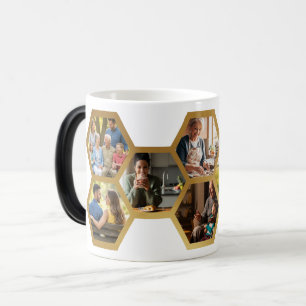 Caneca Mágica Foto do Dourado Hexágono com Colagem de Fotos