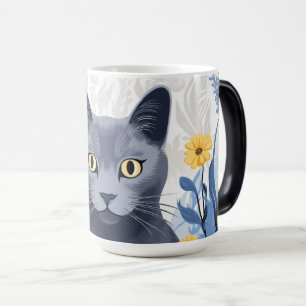 Caneca Mágica Gato Azul Russo Flores Amarelas