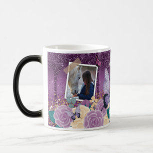 Caneca Mágica Girly Purple Floral Faux Sparkly Dois Nome de Foto