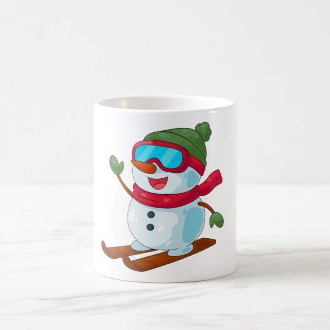 Caneca Mágica Ilustração de Boneco de Neve Esquiando Fofo (Centro)