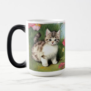 Caneca Mágica Ilustração de Gato Vintage com Flores Vermelhas