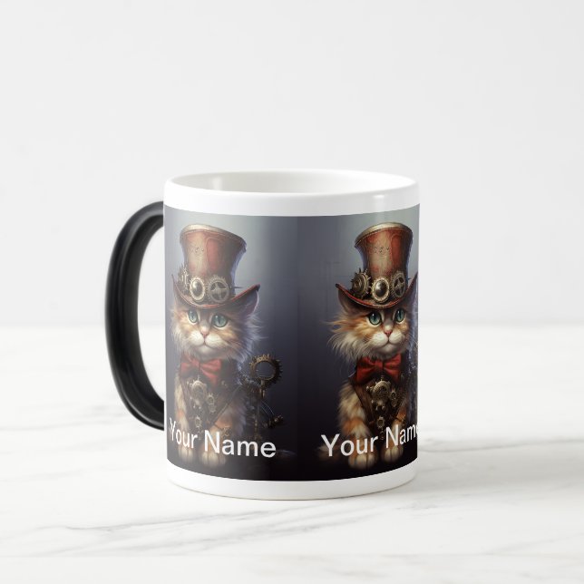 Caneca Mágica Kitten Steampunk com arco vermelho e chapéu superi (Frente Esquerda)