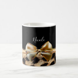 Caneca Mágica Laço Preto e Dourado Estampa de Leopardo Guepardo