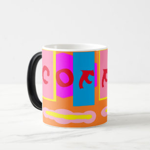Caneca Mágica Laranja verde-limão cor-de-rosa com café com logot
