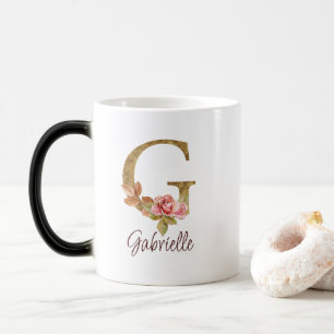 Caneca Mágica Letra personalizada G dourado com rosas cor de ros