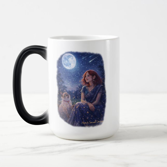 Caneca Mágica Magische Dream Cat - Mädchen mit Katze unter Mond (Esquerda)