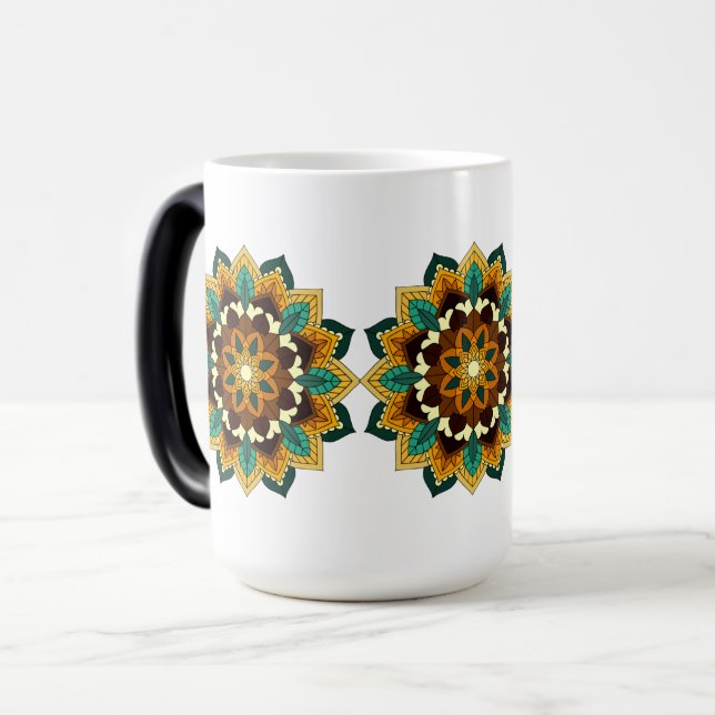Caneca Mágica Mandala Padrão 02 em amarelo e em tom (Frente Esquerda)
