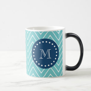 Caneca Mágica Marinho Azul, Padrão Chevron Teal   Seu Monograma