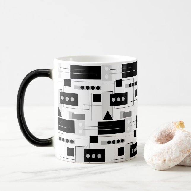 Caneca Mágica Meio século Abstrato preto branco e Cinza  preto (Com Donut)