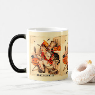 Caneca Mágica Menina de Halloween Antiga e Gato Preto