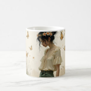 Caneca Mágica Menina Etérea com Borboletas na Natureza