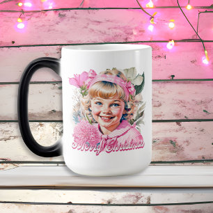 Caneca Mágica Menina Floral Rosa Vintage Feliz Natal