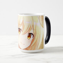 Caneca Mágica Moça loira sorridente com manga de anime de olhos