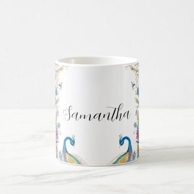 Caneca Mágica Moldura de peacocks com flores a aquarela (Centro)