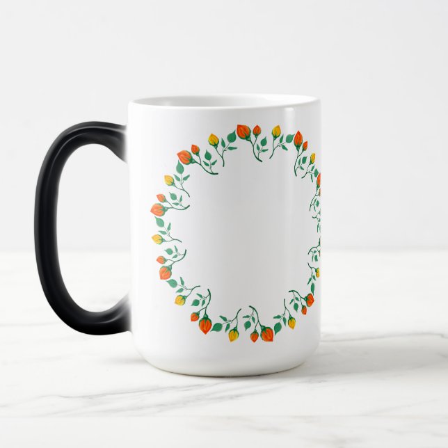 Caneca Mágica Moldura redonda floral com flor amarela e rosa ver (Esquerda)