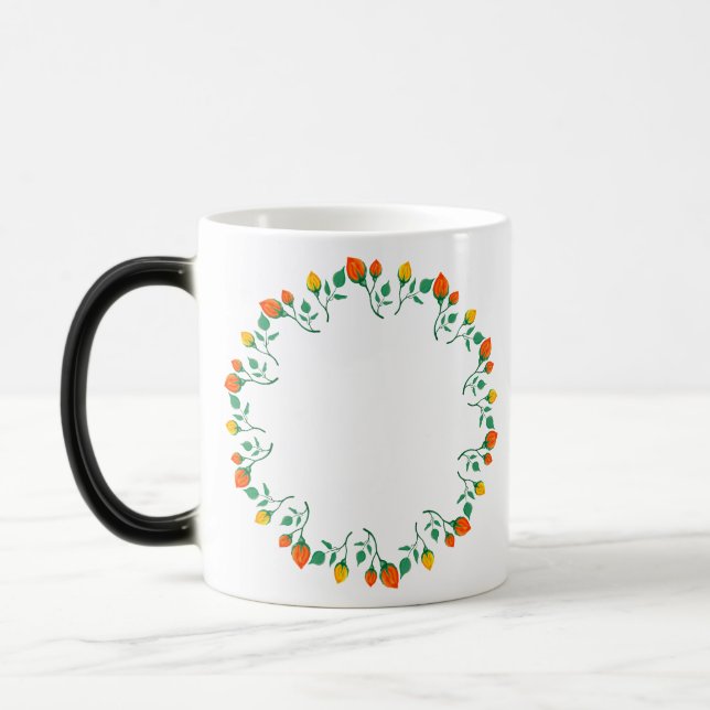 Caneca Mágica Moldura redonda floral com flor amarela e rosa ver (Esquerda)