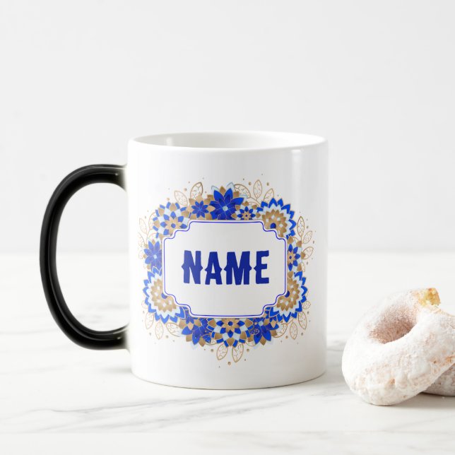 Caneca Mágica Monograma de Nome Personalizado de Nomes Azul (Com Donut)
