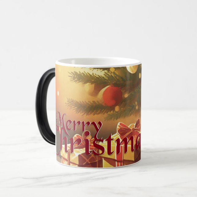 Caneca Mágica Motivo de Natal, com Presentes sob a Árvore de Nat (Frente Esquerda)