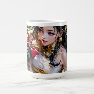 Caneca Mágica mulher num vestido de ouro segurando uma rosa verm