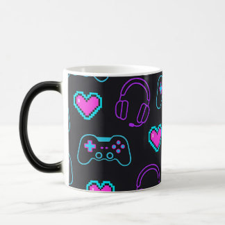 Caneca Mágica Neon Gamer Controller and Hearts Pattern